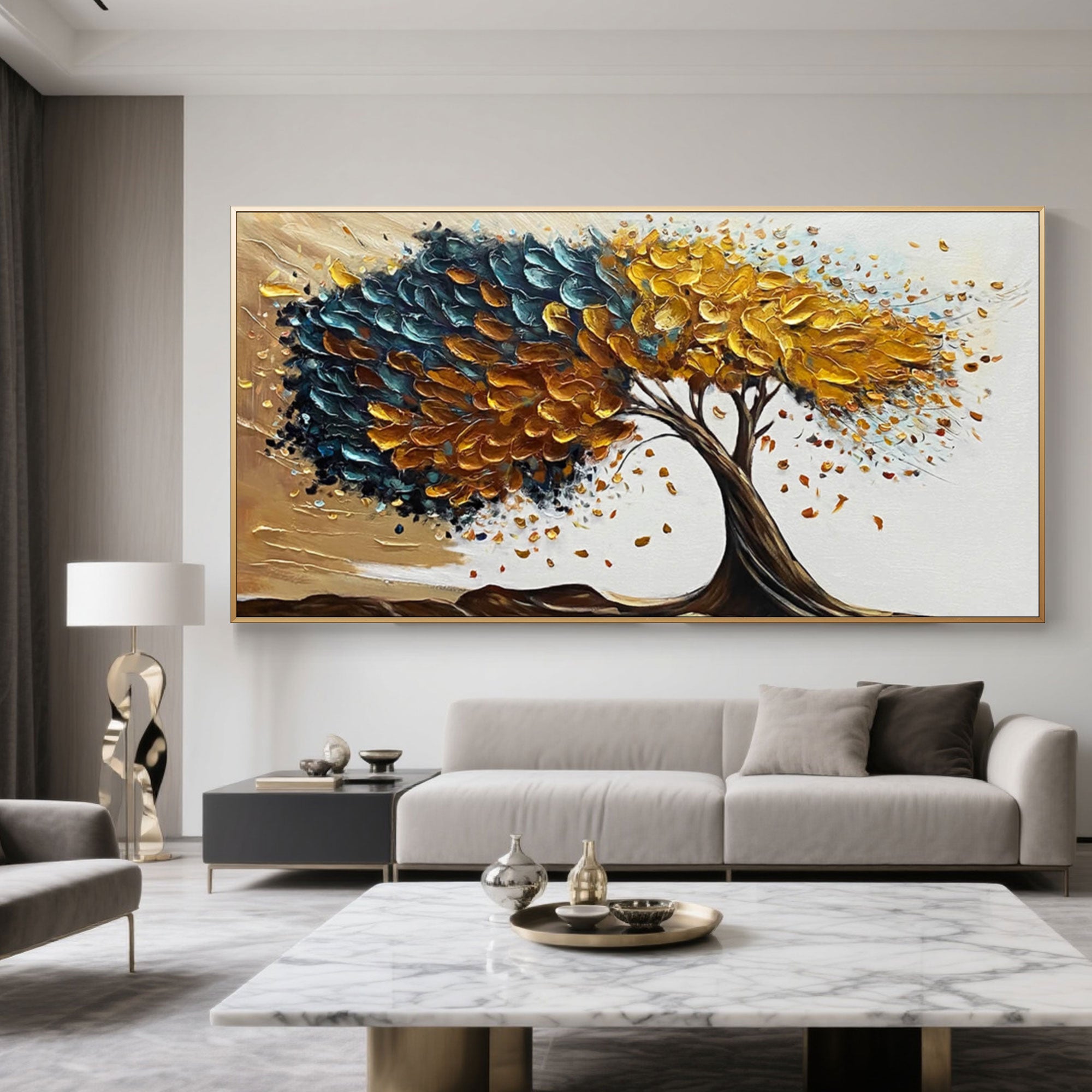 Abstract tree wall art above a sofa.