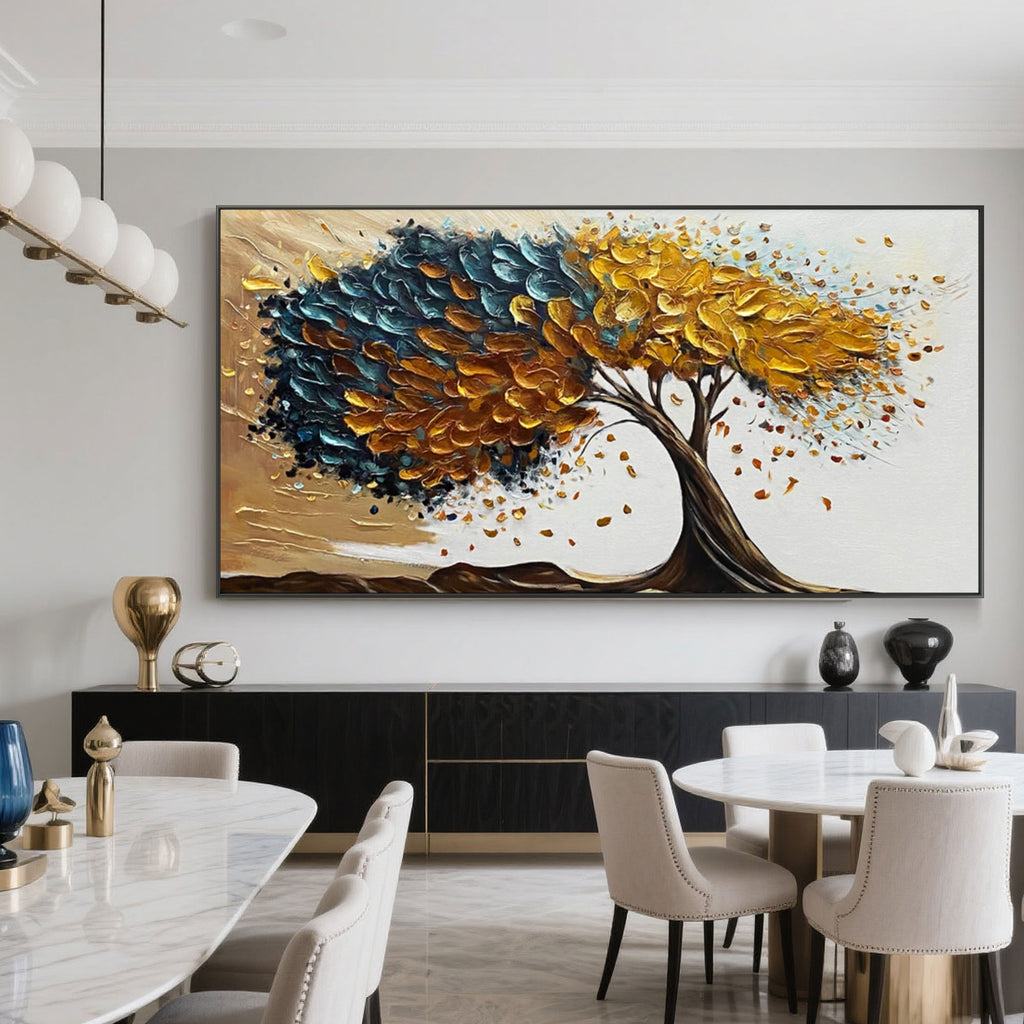 Abstract tree painting in living room setting.