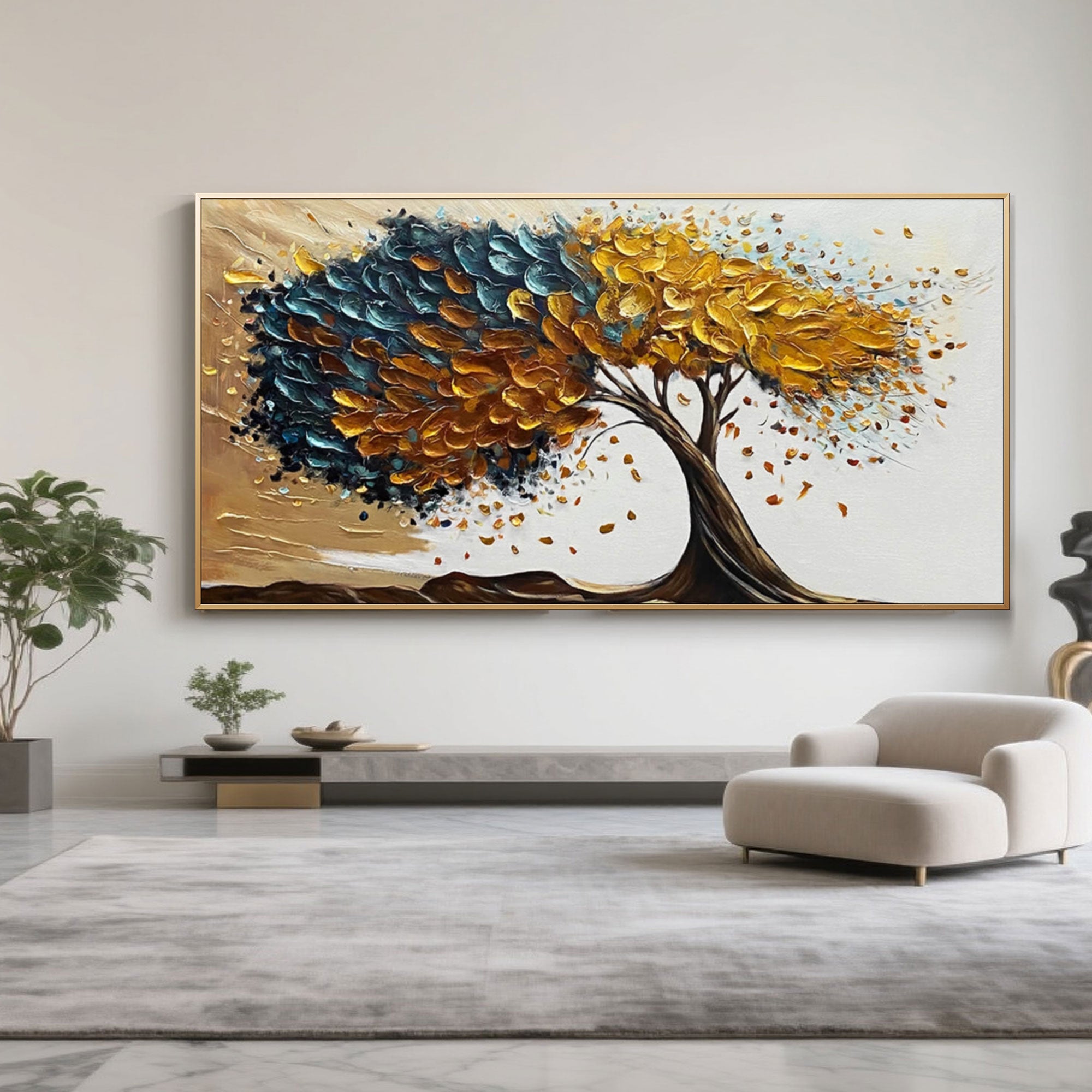 Abstract tree art in a modern interior.