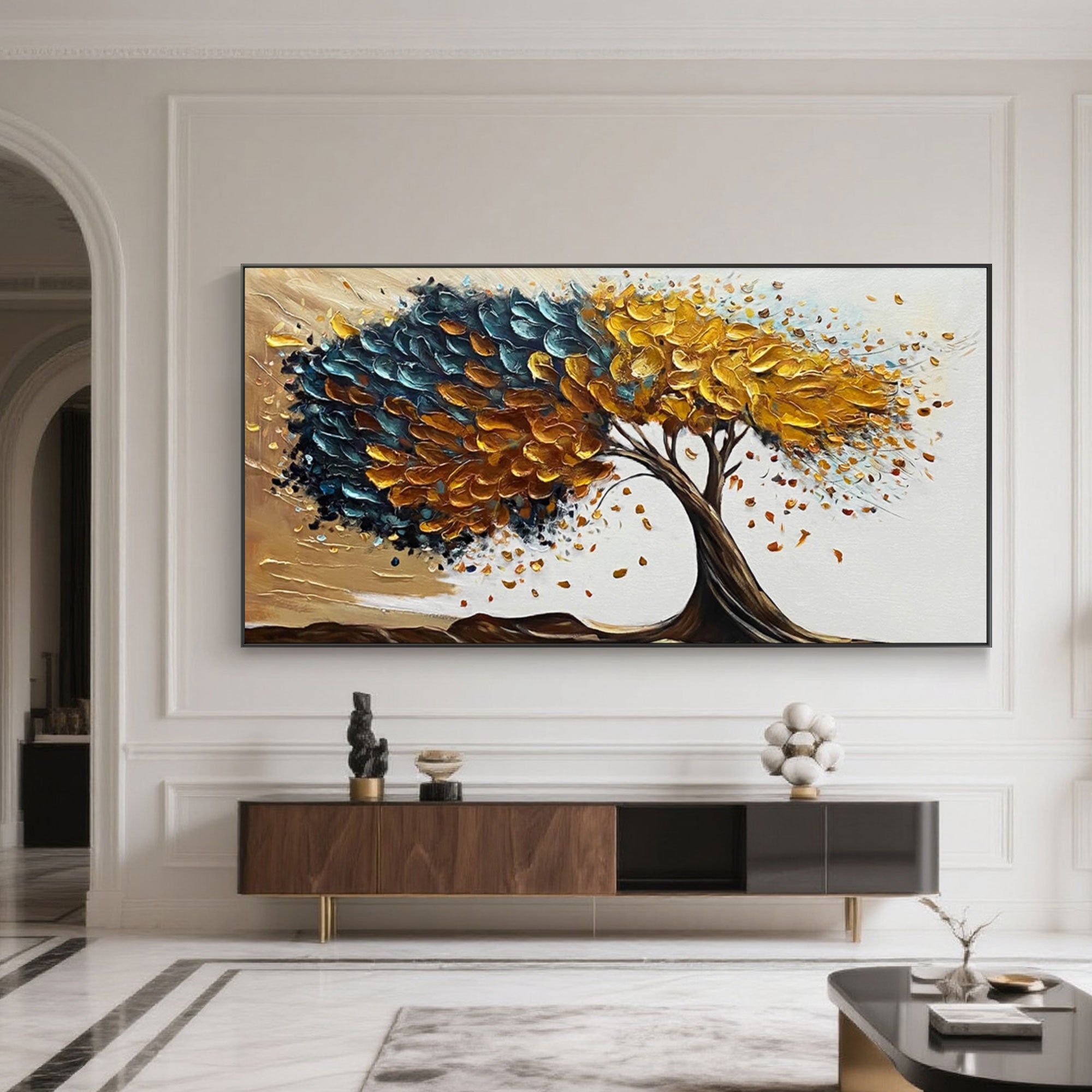 Abstract tree painting with golden frame.