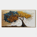 Abstract tree painting with blue and yellow leaves on canvas.