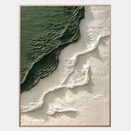 Abstract 3D textured green and white canvas art in a gold frame.
