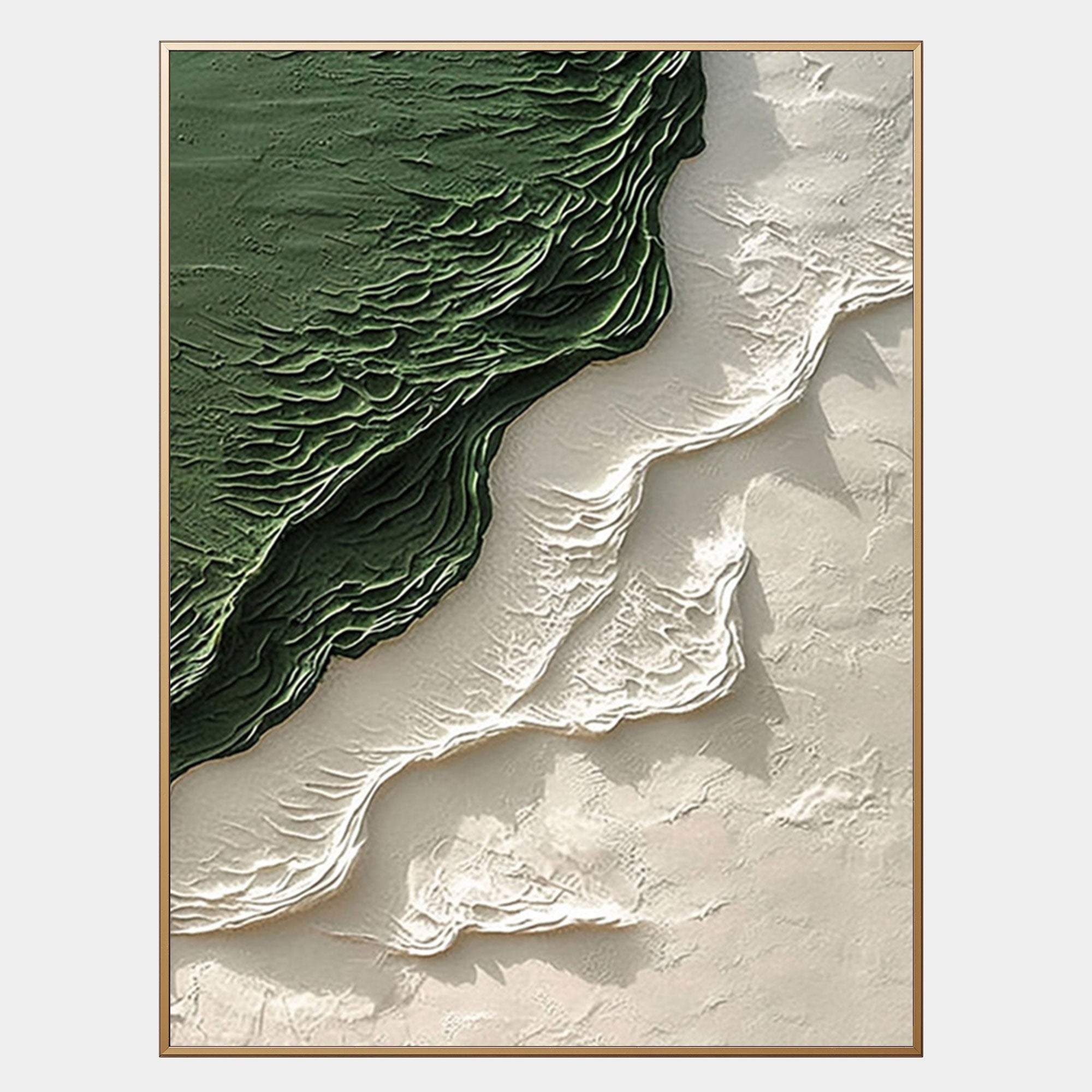 Abstract 3D textured green and white canvas art in a gold frame.