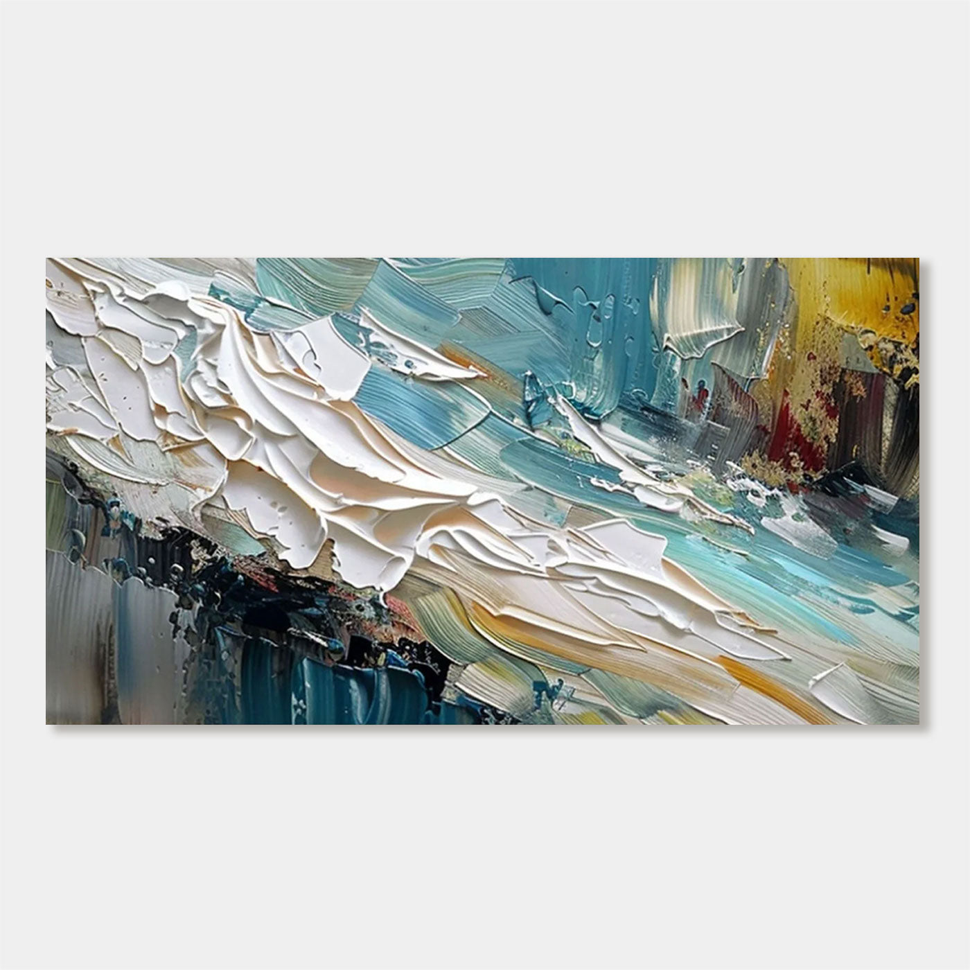 Hand-painted abstract minimalist wall art 'Tidal Burst' with textured brushstrokes, teal blue, white – Lumi Gallery