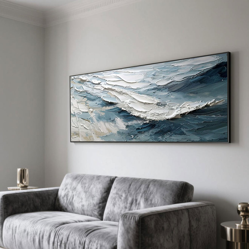 Abstract Modern Wave 'Breakwave' canvas art by Lumi Gallery, textured blue/white ocean scene, living room decor.