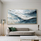 Abstract modern wave wall art 'Breakwave' - hand-painted textured canvas, blue/white tones, framed, living room decor