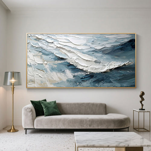 Abstract modern wave wall art 'Breakwave' - hand-painted textured canvas, blue/white tones, framed, living room decor
