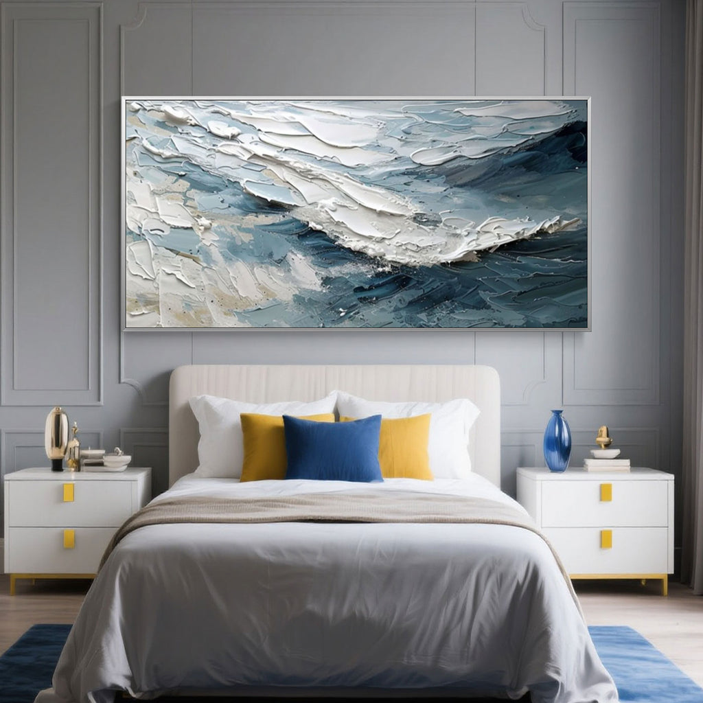 Lumi Gallery's Breakwave abstract modern wave wall art - textured blue/white ocean scene in bedroom