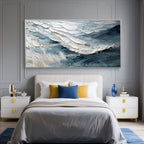 Lumi Gallery's Breakwave abstract modern wave wall art - textured blue/white ocean scene in bedroom