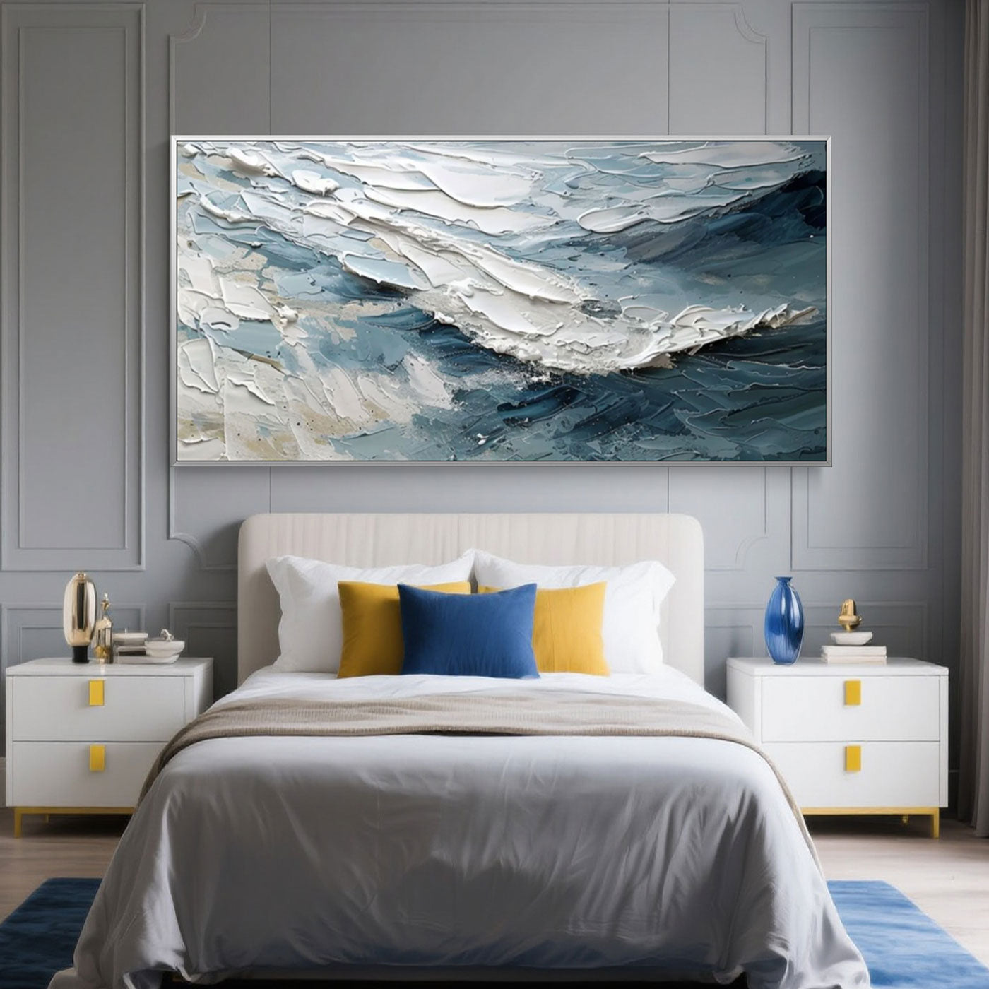 Lumi Gallery's Breakwave abstract modern wave wall art - textured blue/white ocean scene in bedroom
