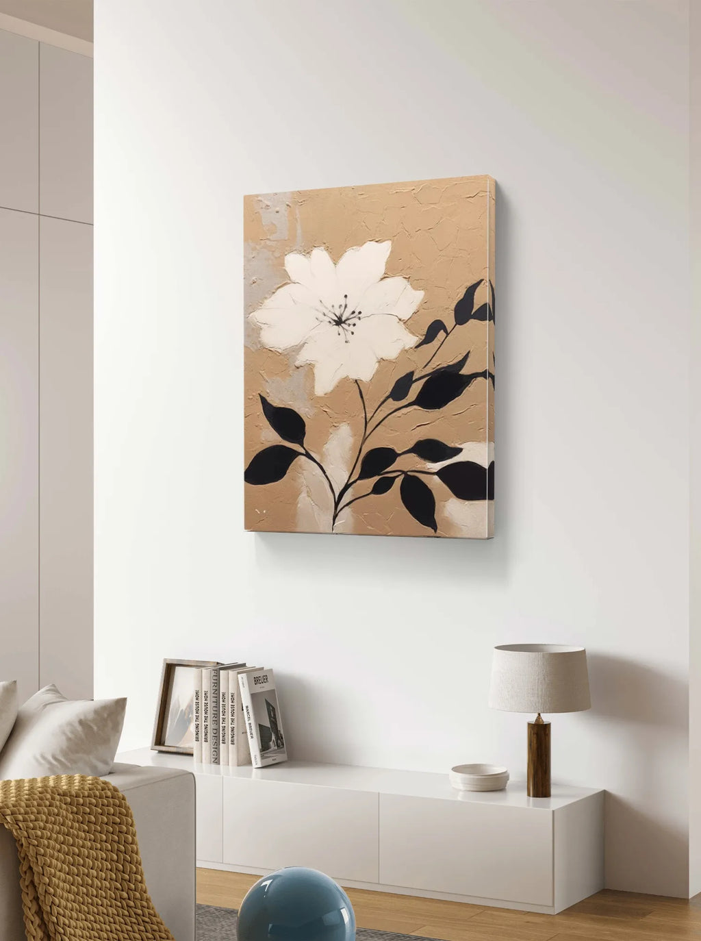 Neutral toned floral painting with creamy texture and minimalist white flower on beige canvas