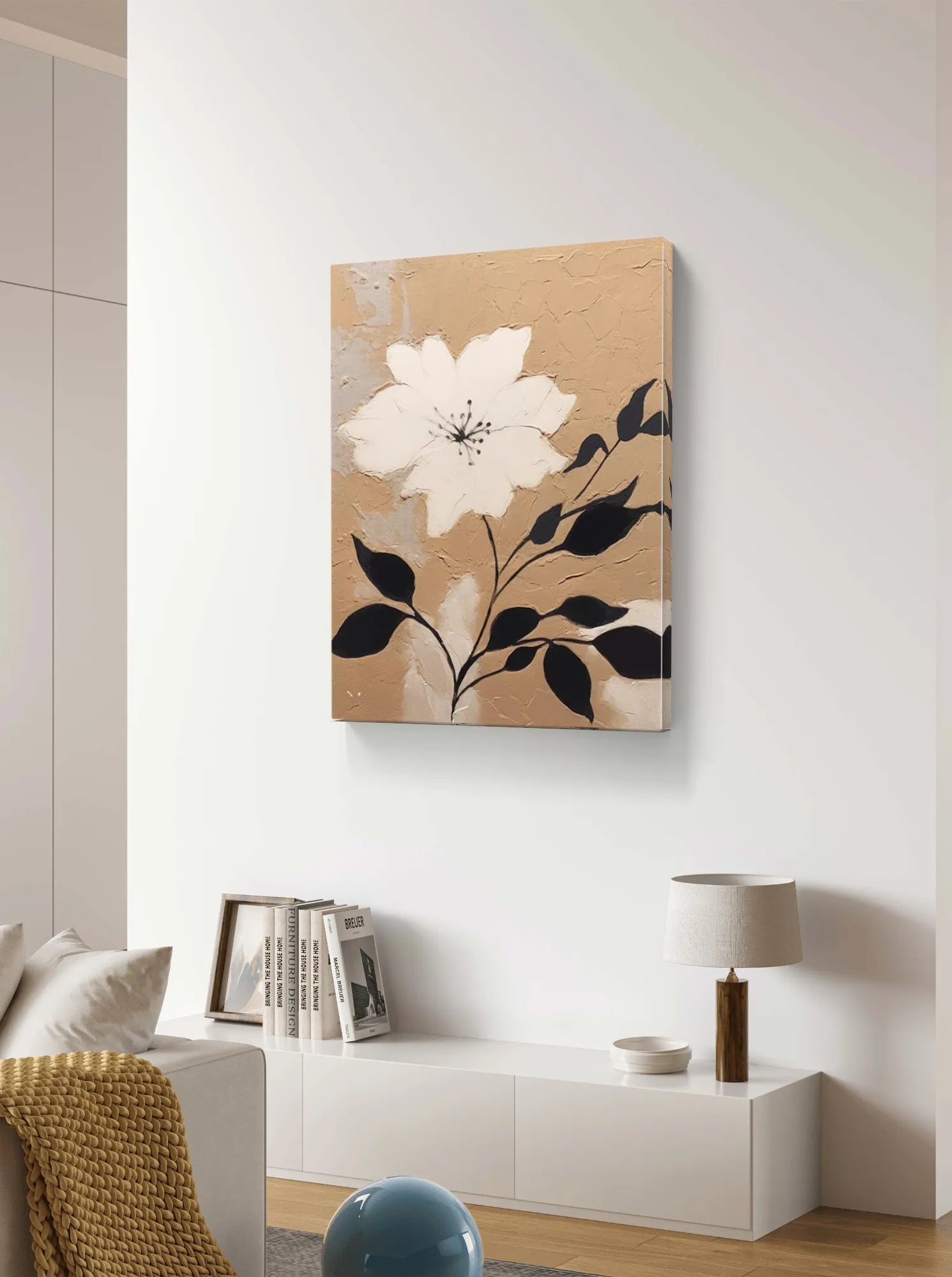 Neutral toned floral painting with creamy texture and minimalist white flower on beige canvas