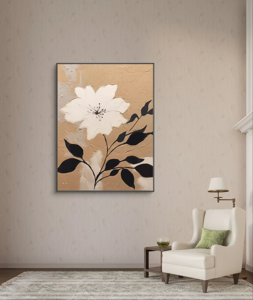 Neutral toned floral painting with creamy texture and minimalist white flower on beige canvas