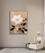 Neutral toned floral painting with creamy texture and minimalist white flower on beige canvas
