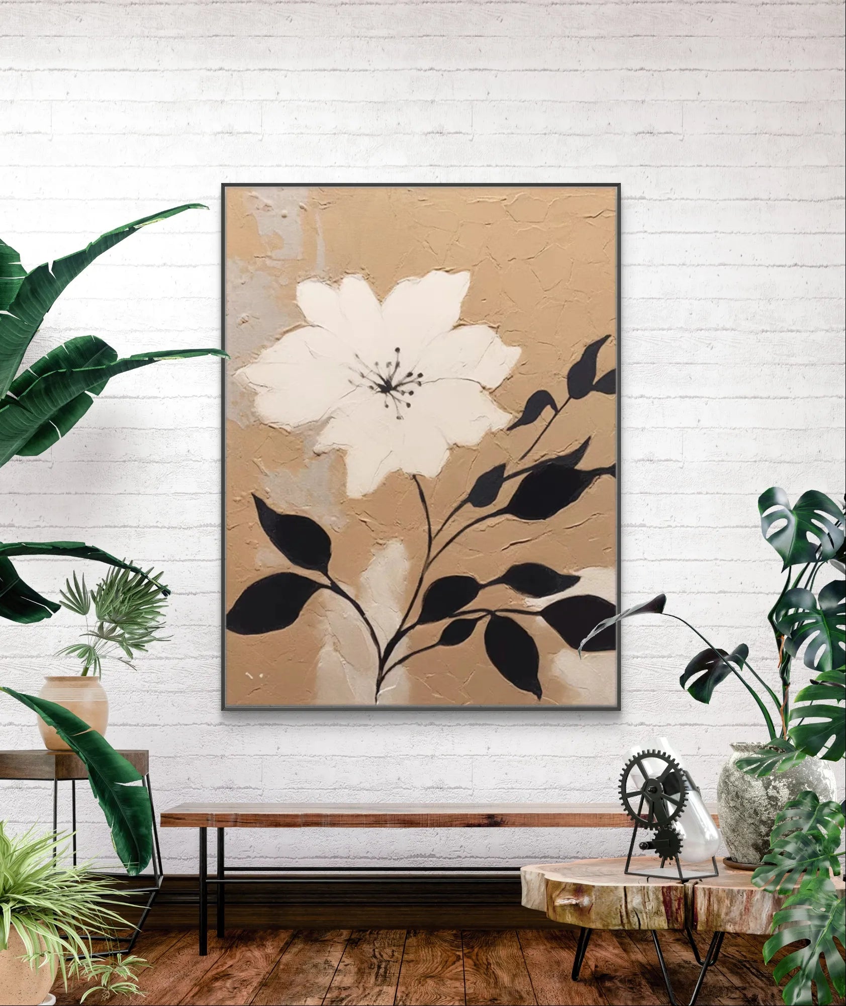 Beige Creamy Textured Floral Canvas Art - Minimalist Flower Painting	#WS003