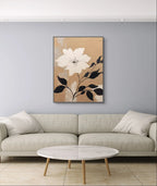Neutral toned floral painting with creamy texture and minimalist white flower on beige canvas