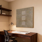 Lumi Gallery's Wabi-Sabi Earthen Geometric Wall Art with gold frame above office desk