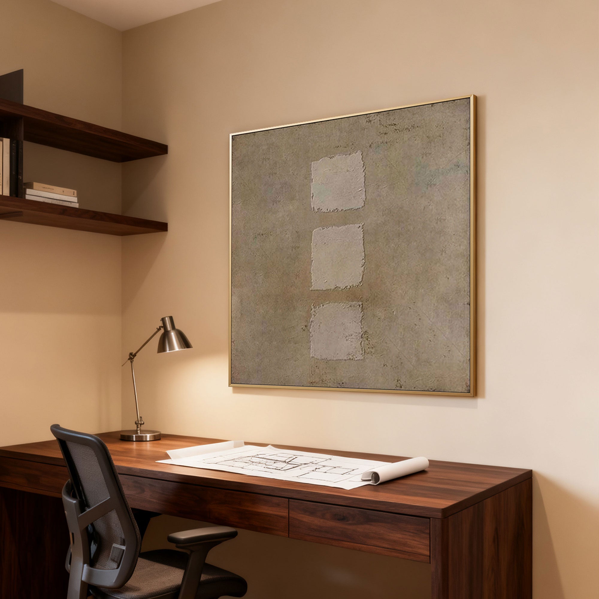 Lumi Gallery's Wabi-Sabi Earthen Geometric Wall Art with gold frame above office desk