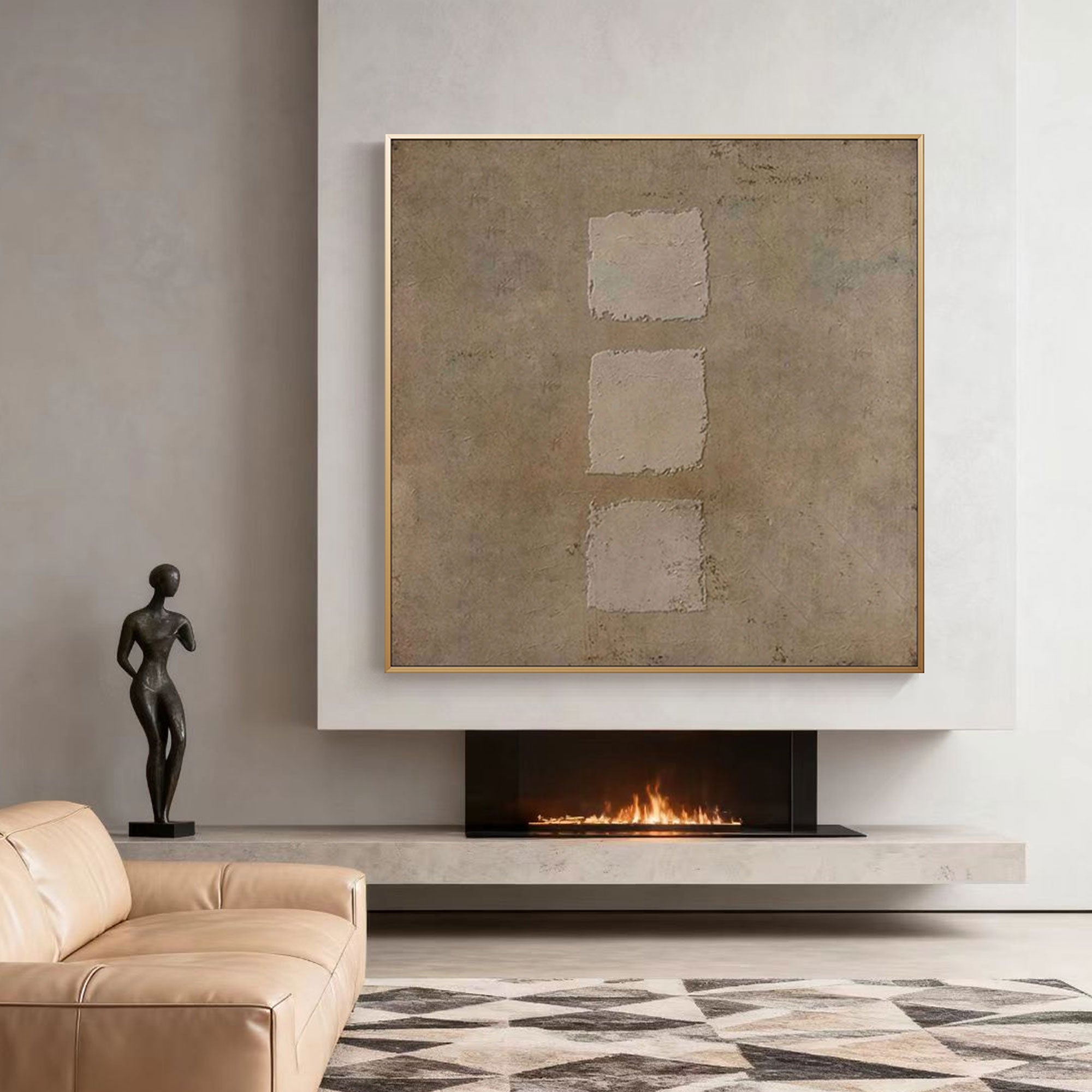 Earthen wabi-sabi geometric wall art with gold frame above modern fireplace