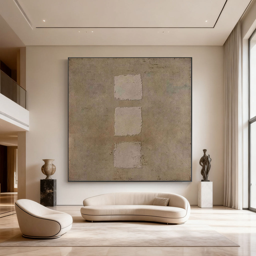 Authentic hand-painted earthen geometric wall art with three rectangles in modern living room
