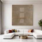 Wabi-Sabi Geometric Wall Art - Earthen Sequence, hand-painted textured canvas with earth tones, three square shapes, gold frame, modern living room