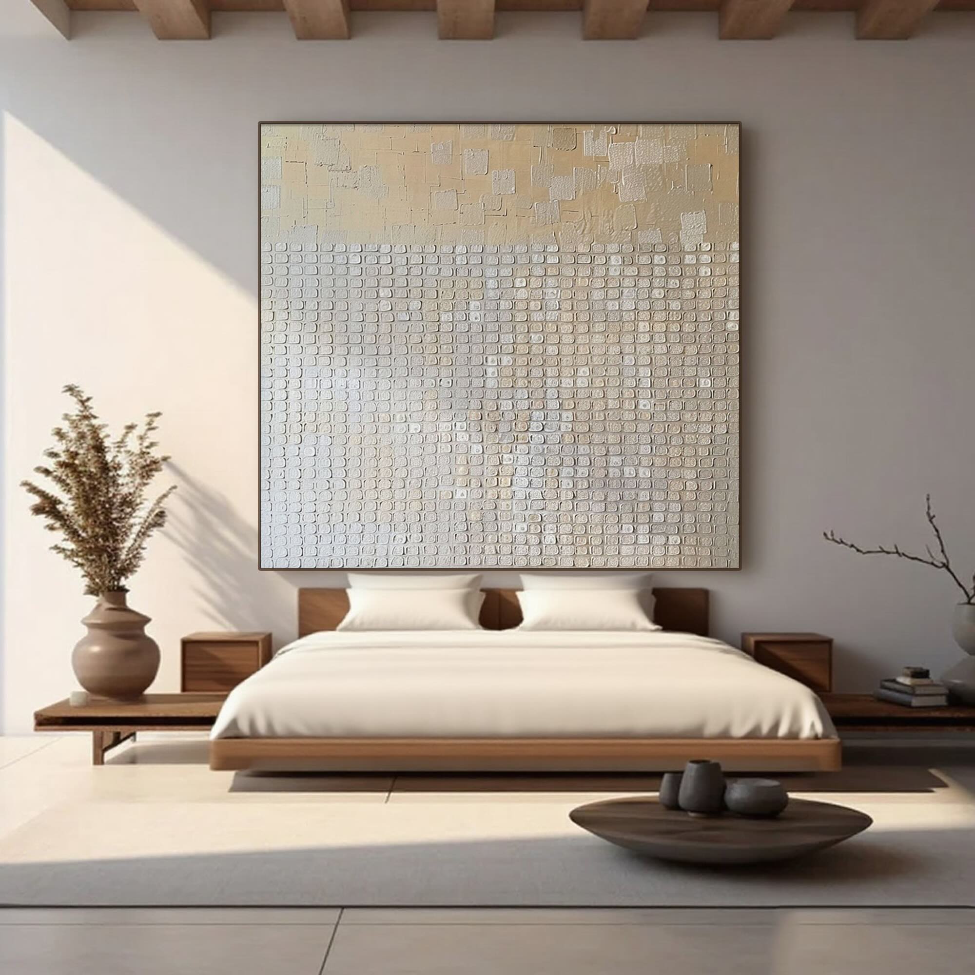Beige Wabi Sabi textured painting close-up showing raised grid pattern.