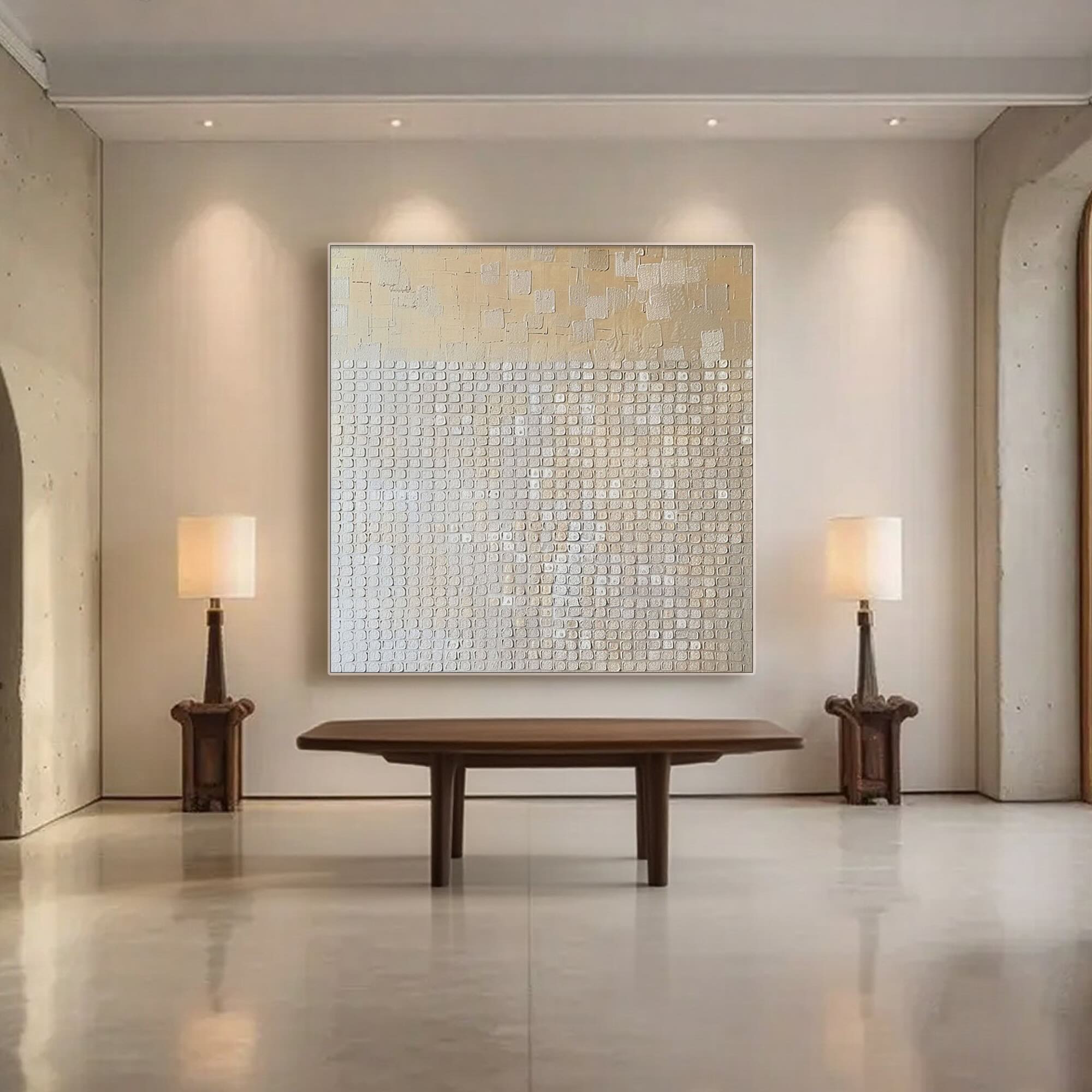 Beige Wabi Sabi art in a modern living room with lamps.