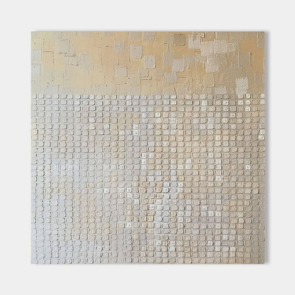 Beige Wabi Sabi textured painting close-up showing raised grid pattern.