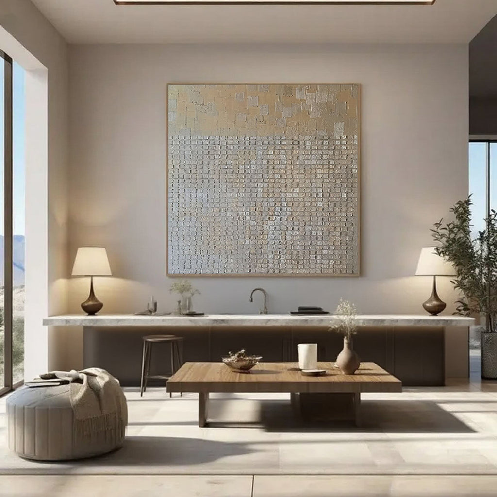Beige Wabi Sabi painting above console table in modern room.