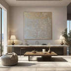 Beige Wabi Sabi painting above console table in modern room.