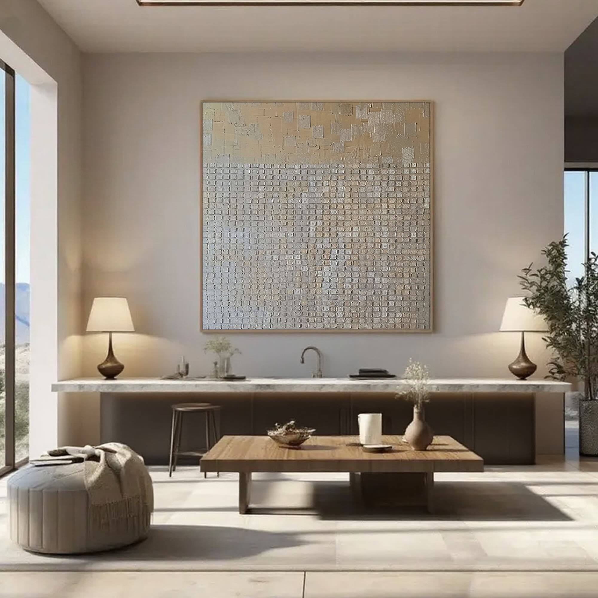 Beige Wabi Sabi painting above console table in modern room.