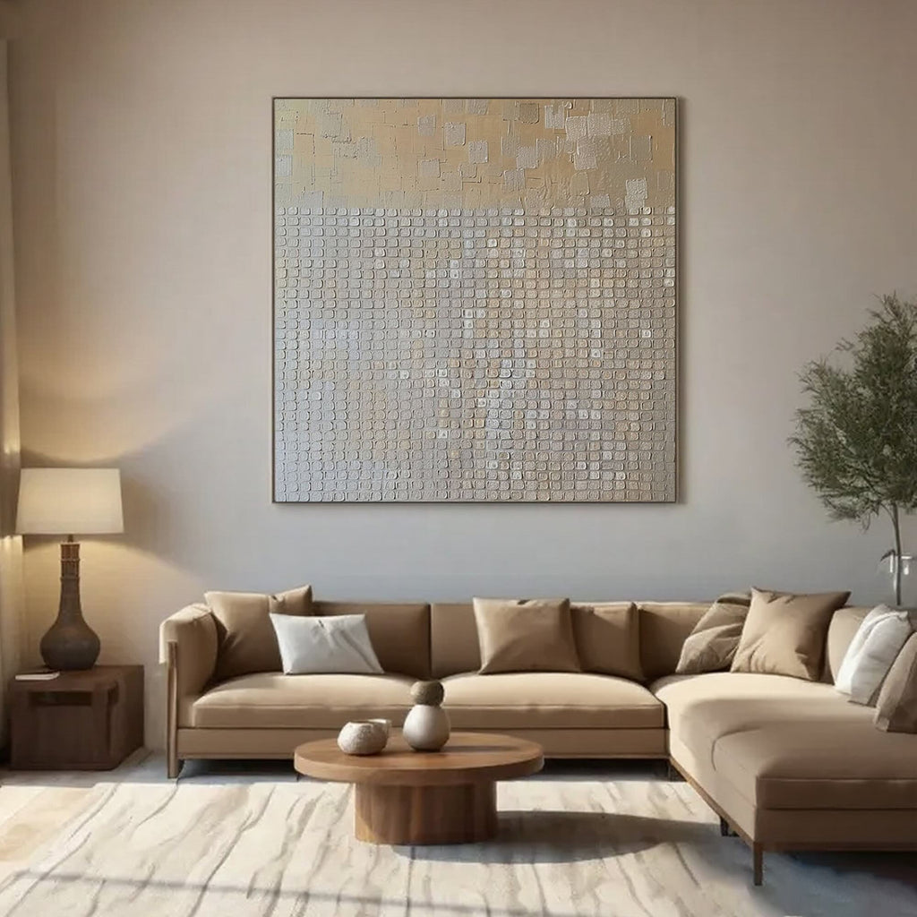 Beige Wabi Sabi textured painting close-up showing raised grid pattern.