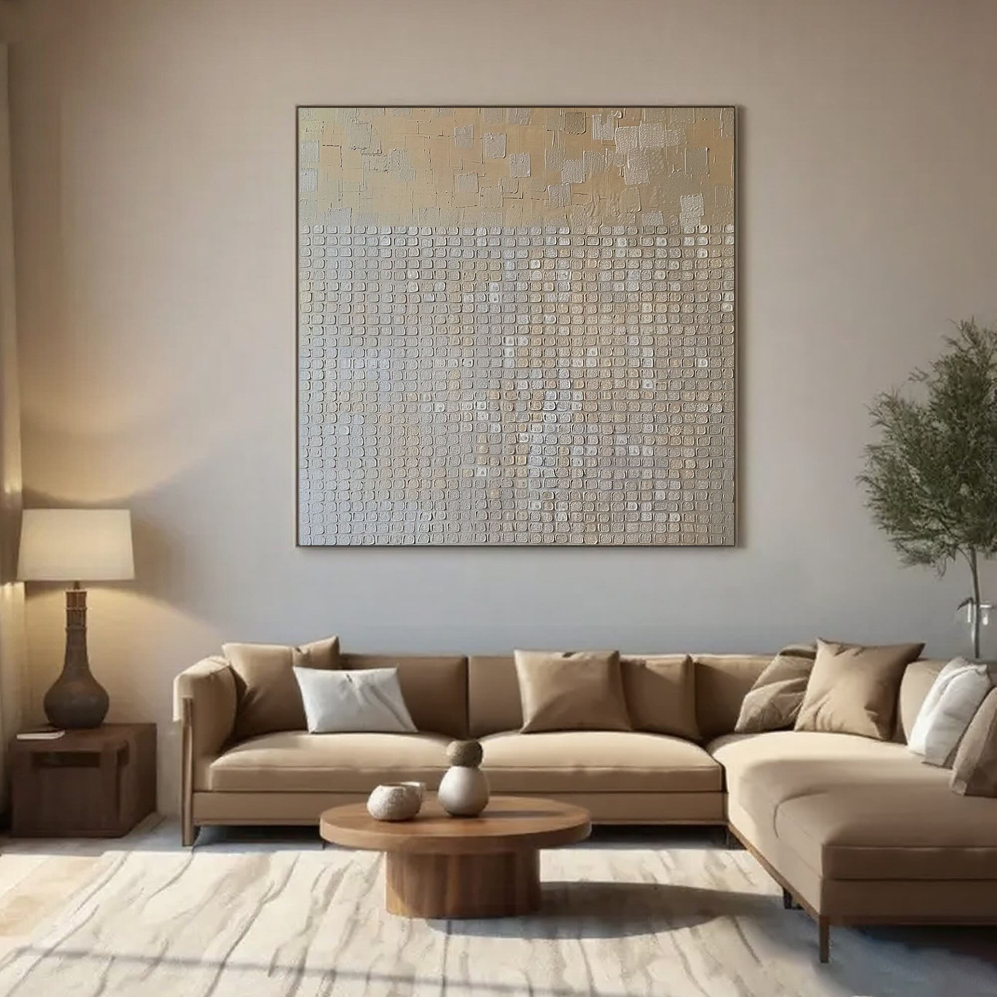 Beige Wabi Sabi textured painting close-up showing raised grid pattern.