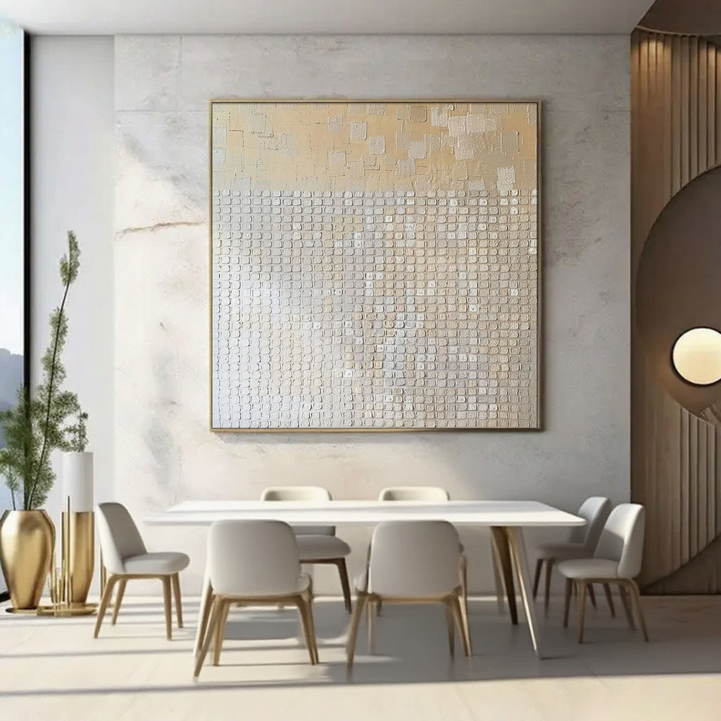 Beige Wabi Sabi textured canvas art in modern dining room.