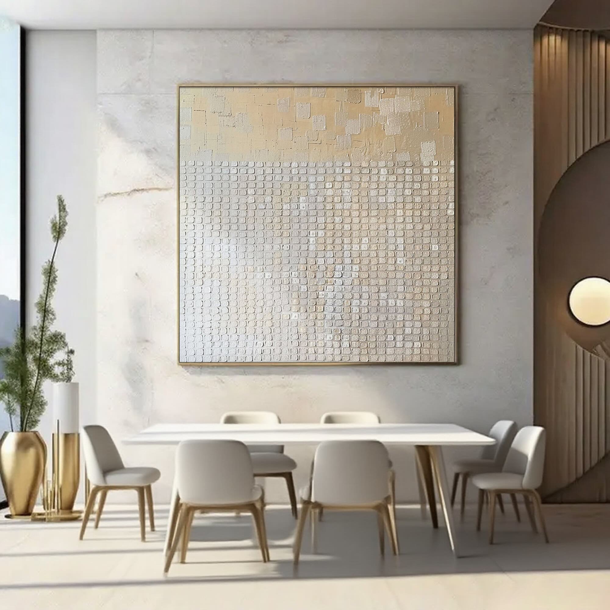 Beige Wabi Sabi textured canvas art in modern dining room.