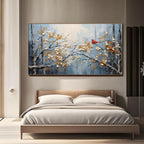 ​Blue and white abstract painting enhancing a minimalist bedroom decor as a headboard focal point