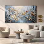 Modern floral wall art with red bird displayed above a sofa in a contemporary living room