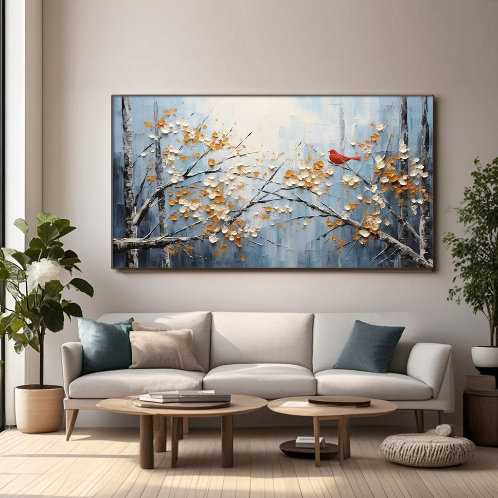Hand-painted nature artwork with golden leaves and red bird in a bright dining room setting