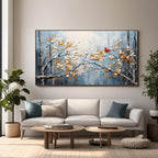 Hand-painted nature artwork with golden leaves and red bird in a bright dining room setting