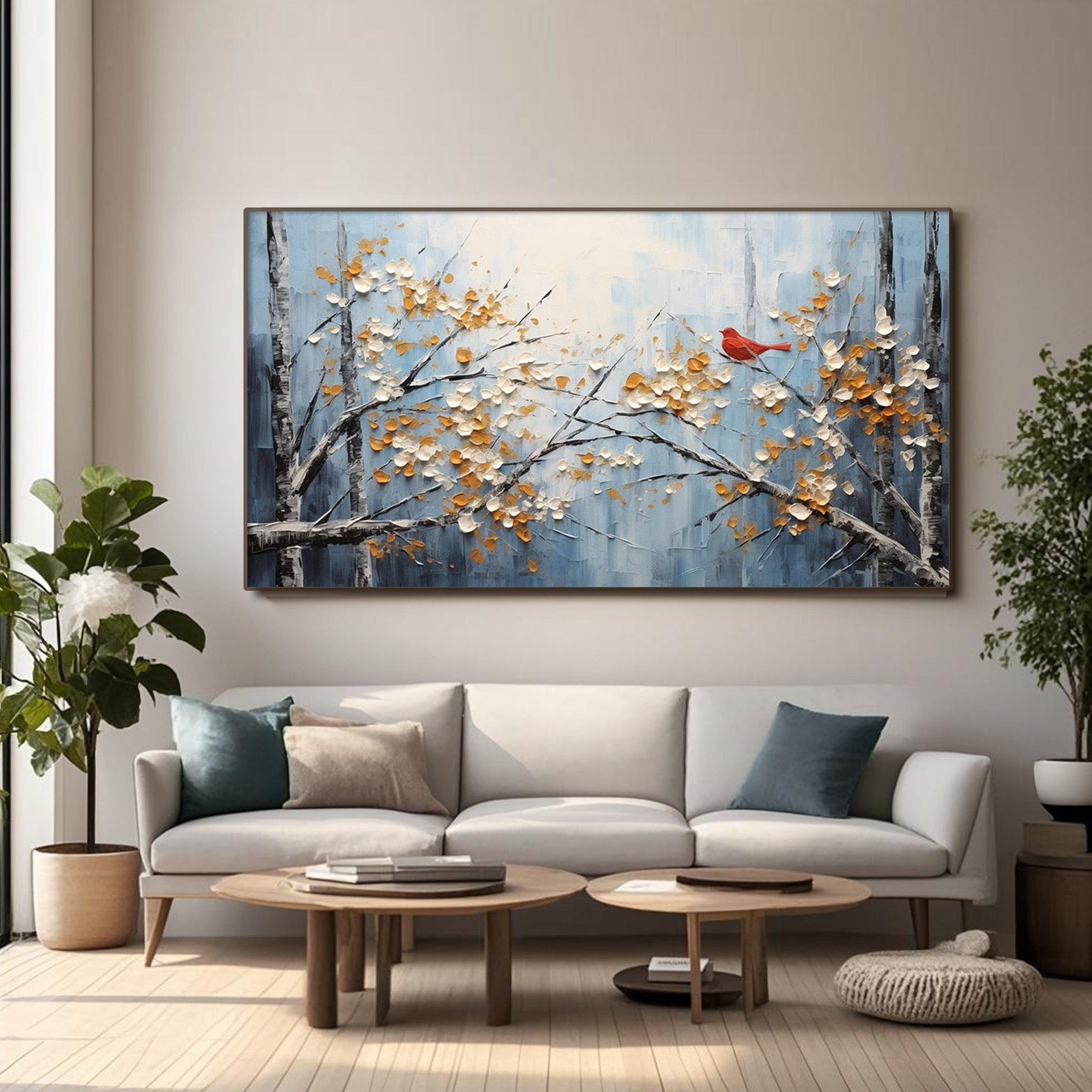 Hand-painted nature artwork with golden leaves and red bird in a bright dining room setting