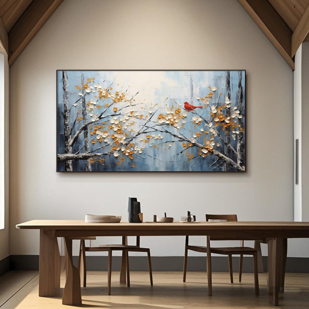 ​Large horizontal canvas art complementing neutral-toned walls in an elegant home interior