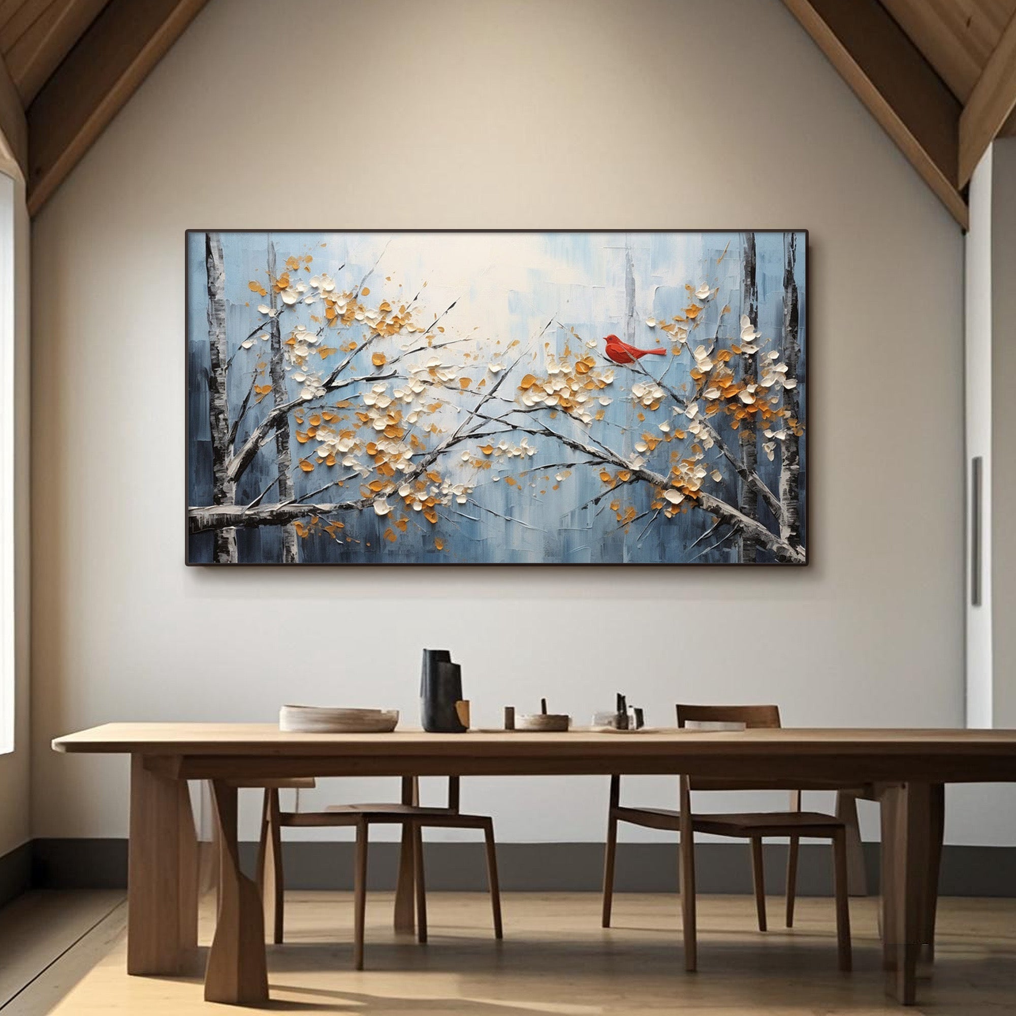 ​Large horizontal canvas art complementing neutral-toned walls in an elegant home interior