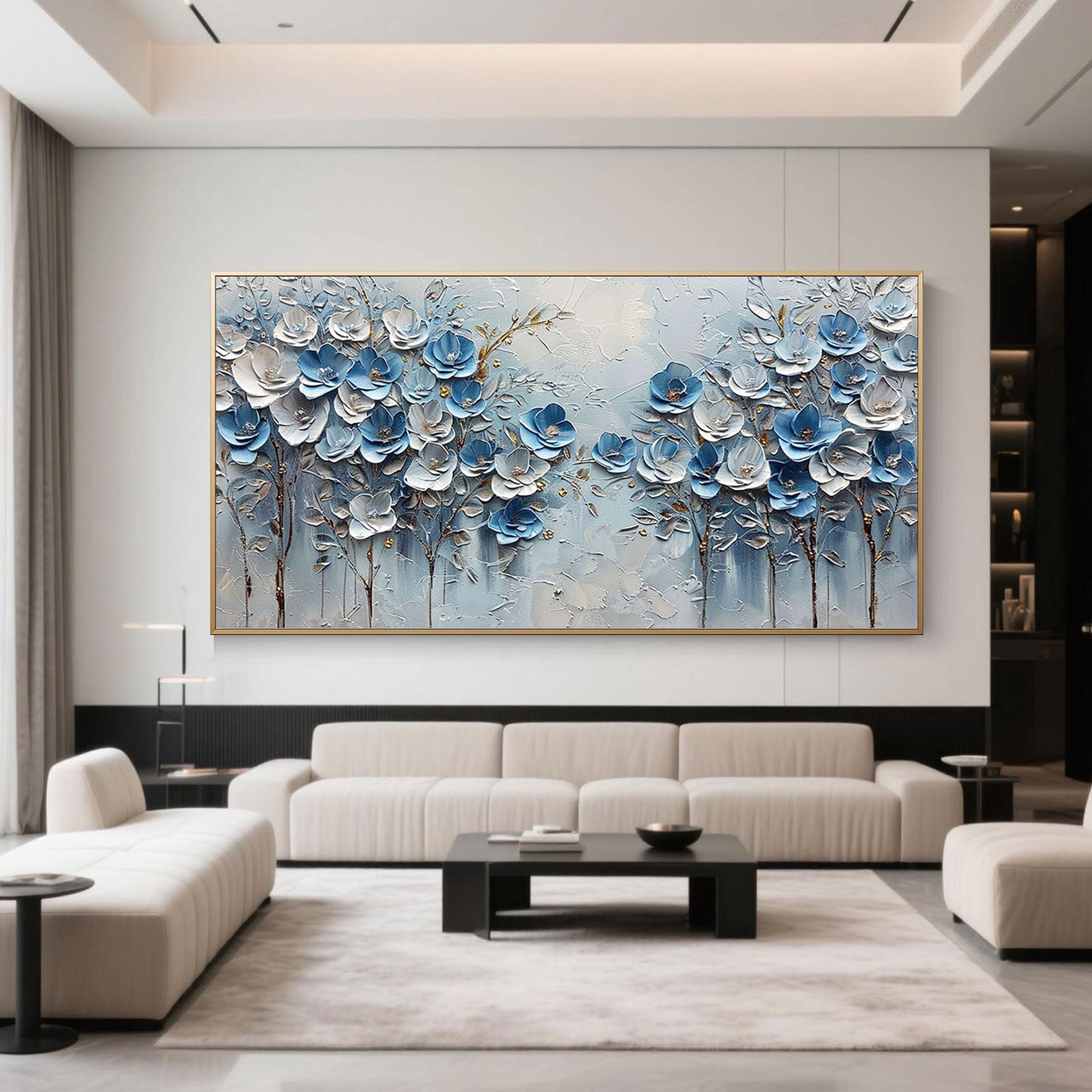 Blue floral 3D textured wall art in a modern living room setting.