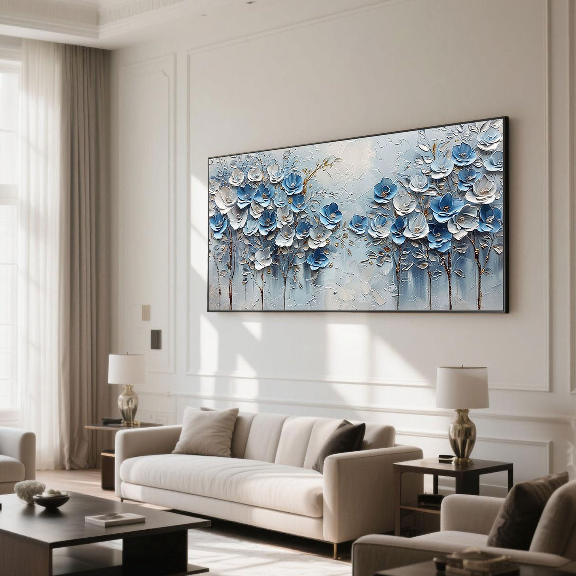 Textured floral wall decor above a sofa in a contemporary living space.