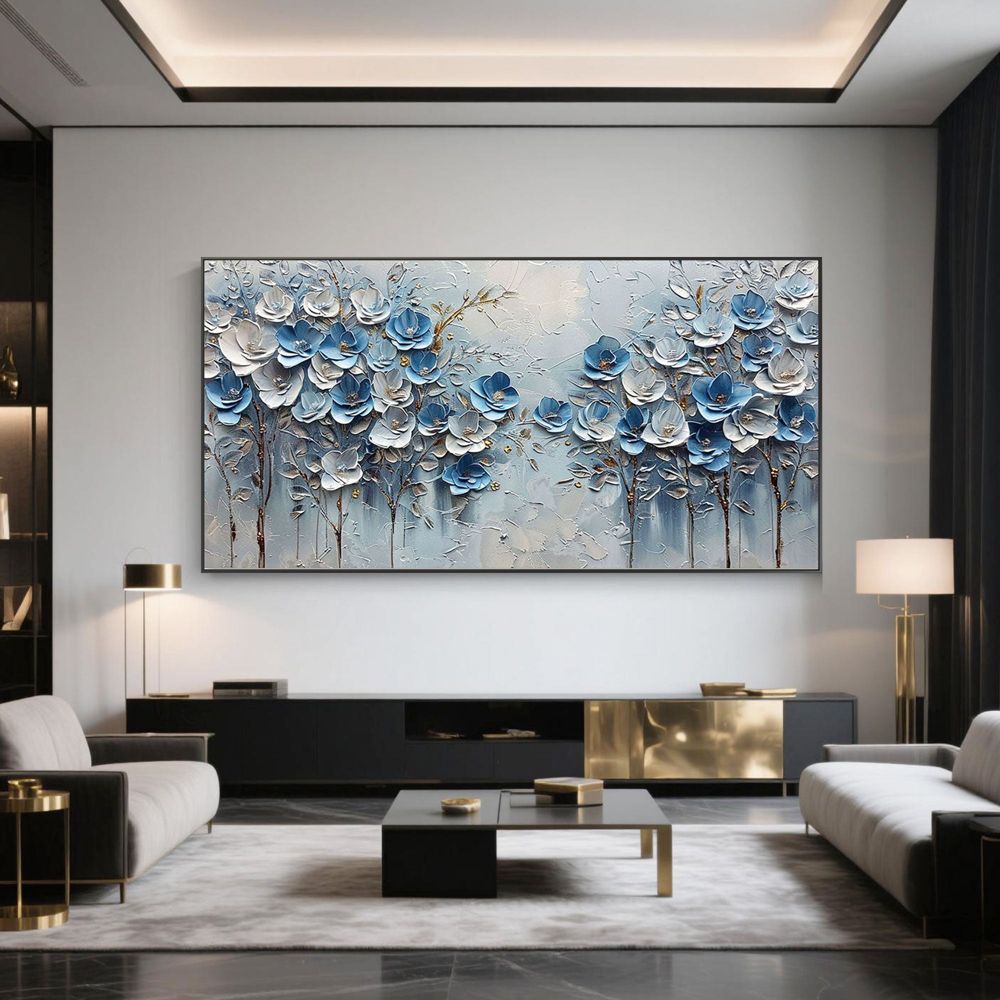Close-up of blue and white 3D textured flower petals on canvas art.