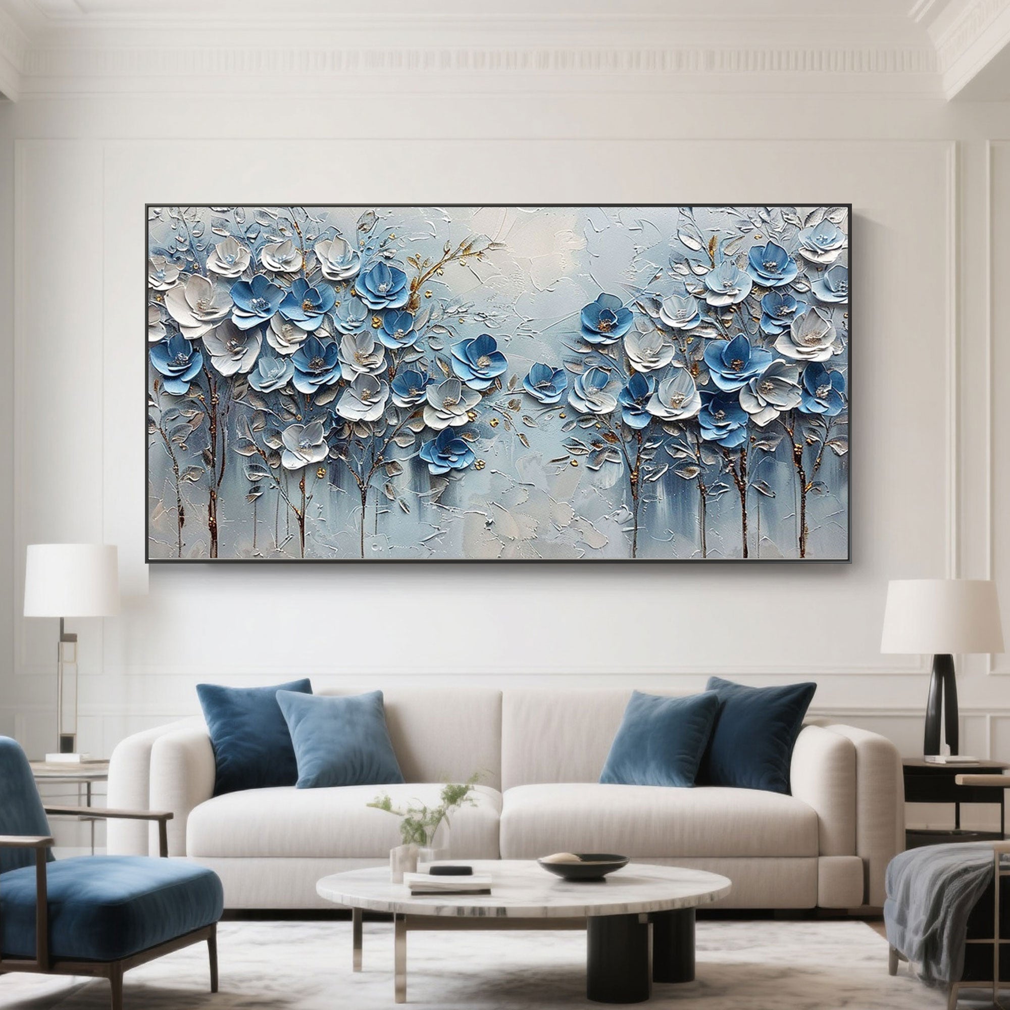 Close-up of blue and white 3D textured flower petals on canvas art.