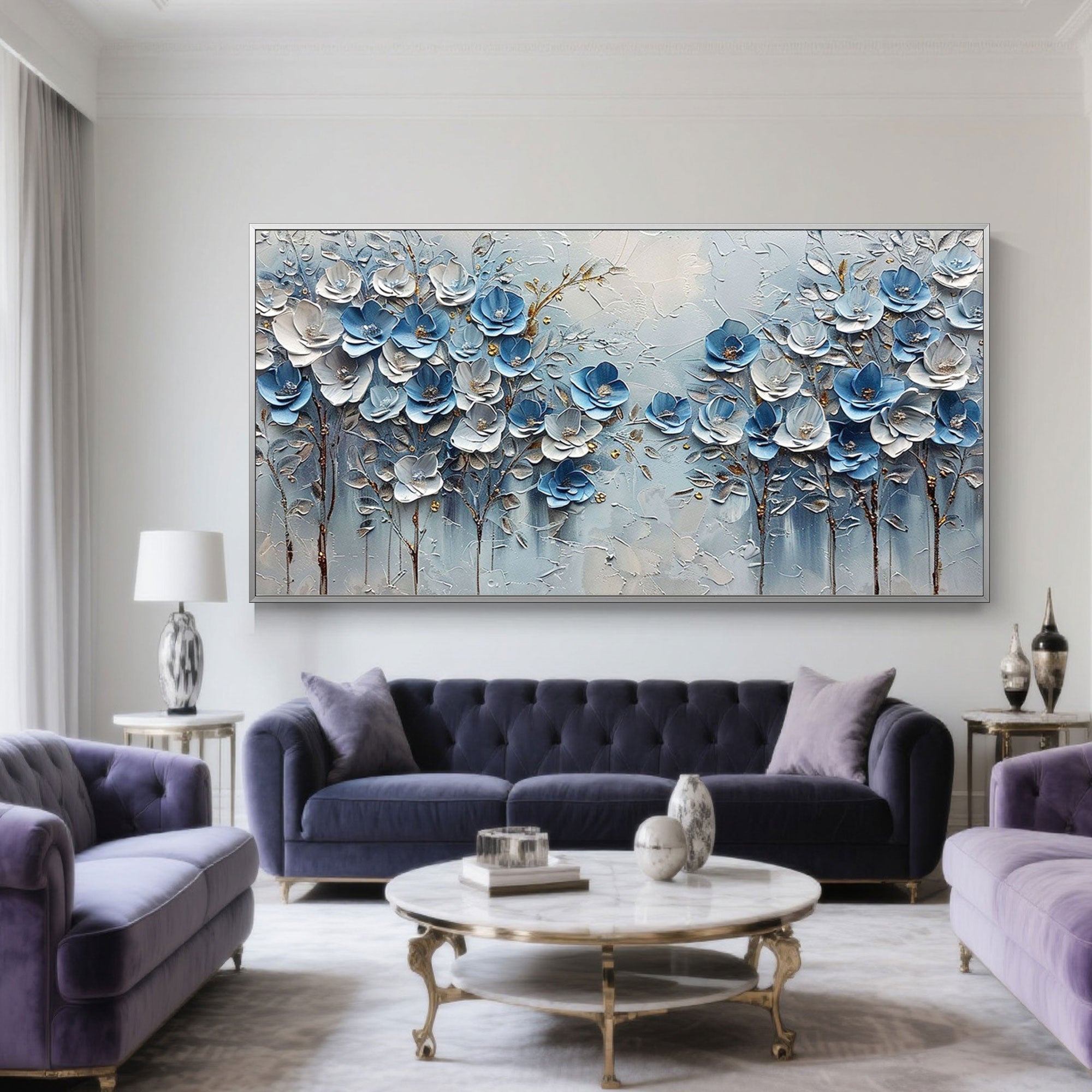 Close-up of blue and white 3D textured flower petals on canvas art.