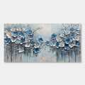 Blue and white 3D floral canvas art with textured petals, horizontal orientation.