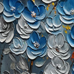Close-up of blue and white 3D textured flower petals on canvas art.