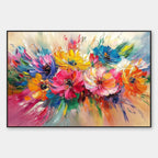 Hand-painted colorful floral painting with red, yellow, and purple flowers on canvas, modern abstract design using eco-friendly materials.